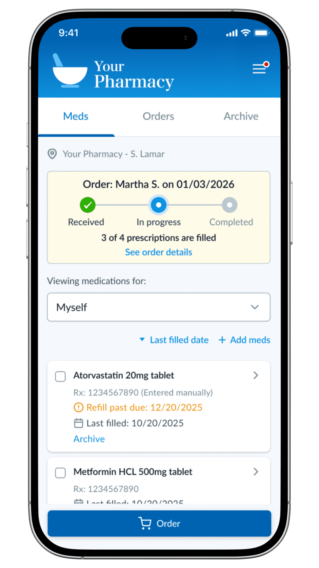 Patient Portal medications screen showing prescription order status and refill options